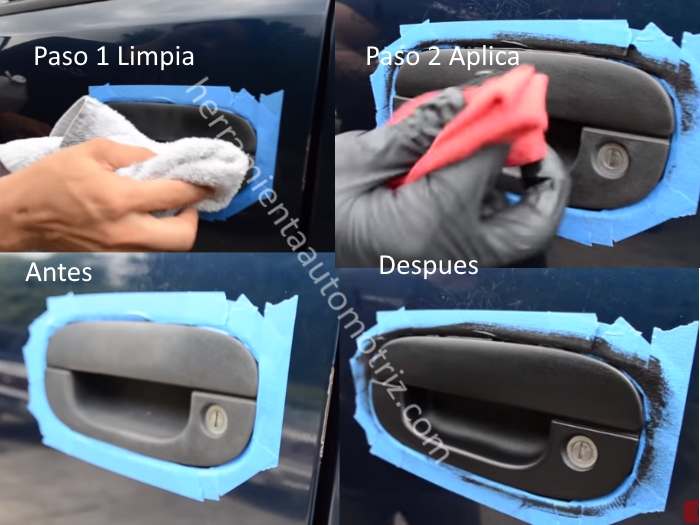 Aplicación de restaurador de plastico con tinte negro en una manija plástica negra de coche